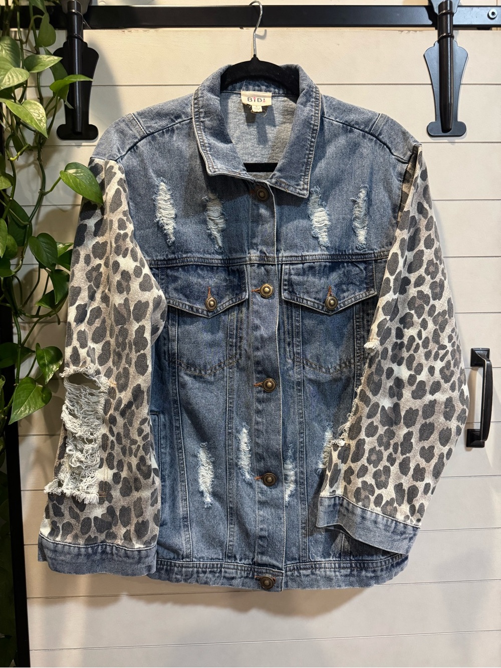 BiBi Blue Denim Jacket with Gray Leopard-Print Sleeves